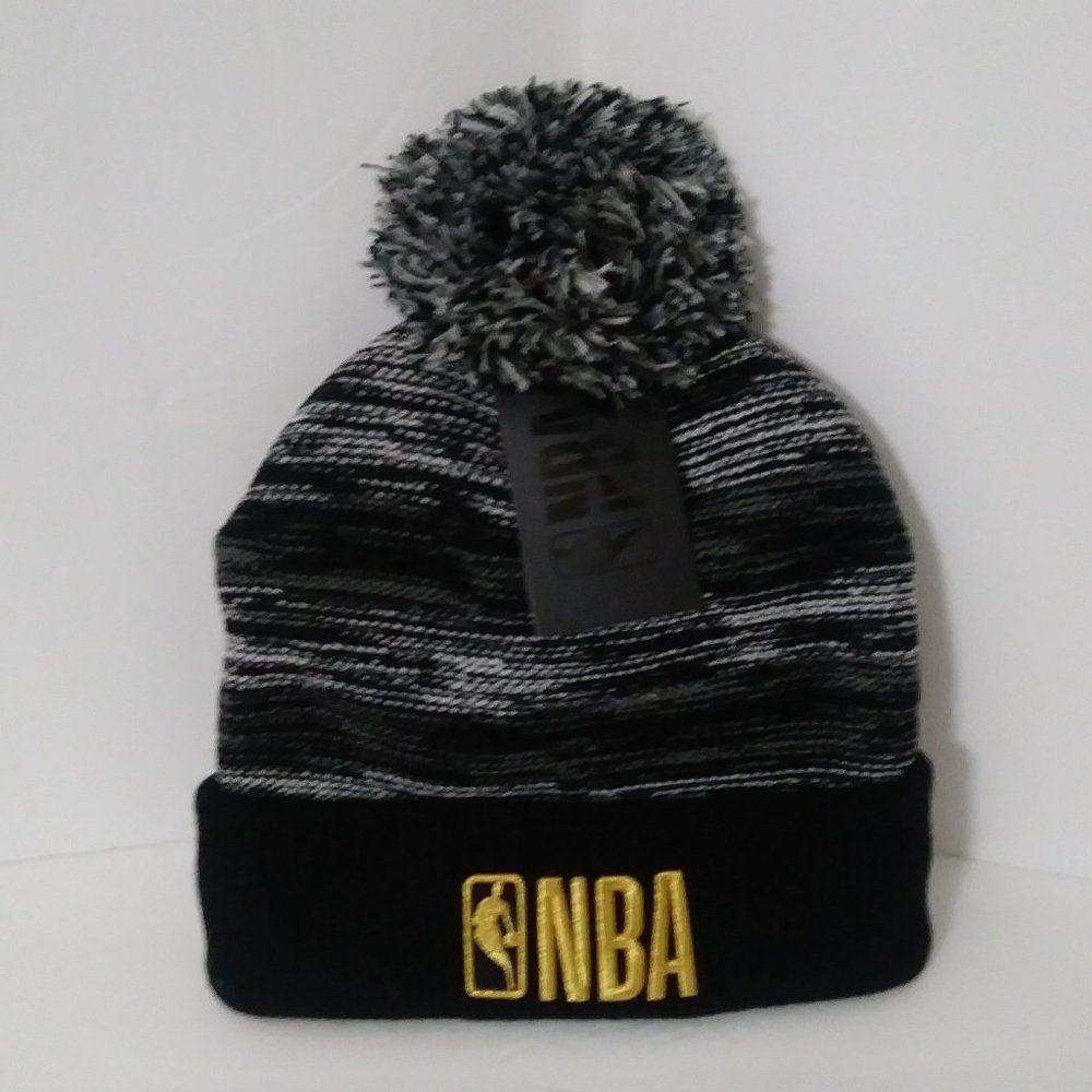 Mens NBA Black Grey Pom Beanie Gold Logo